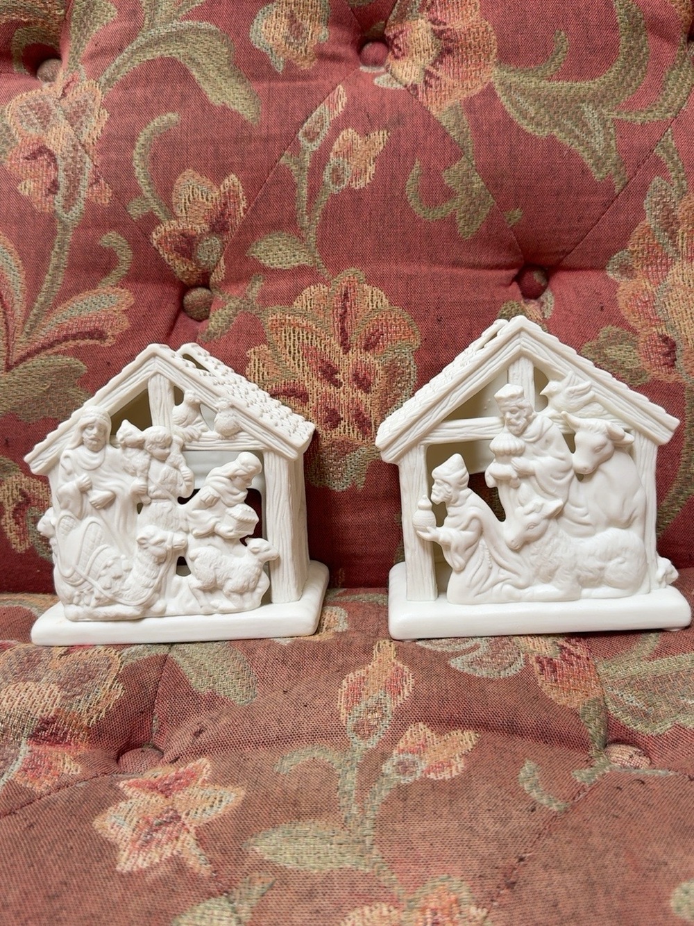 Vintage PartyLite Nativity Set of 2 White Bisque Porcelain Tealight Holder